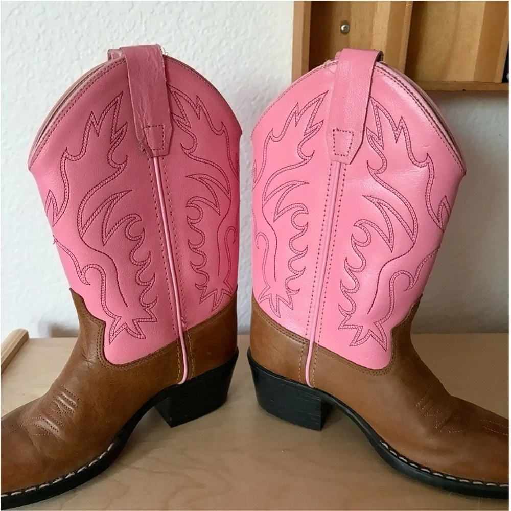 Old West Girls' Narrow J-Toe Western Boots Brown/Pink